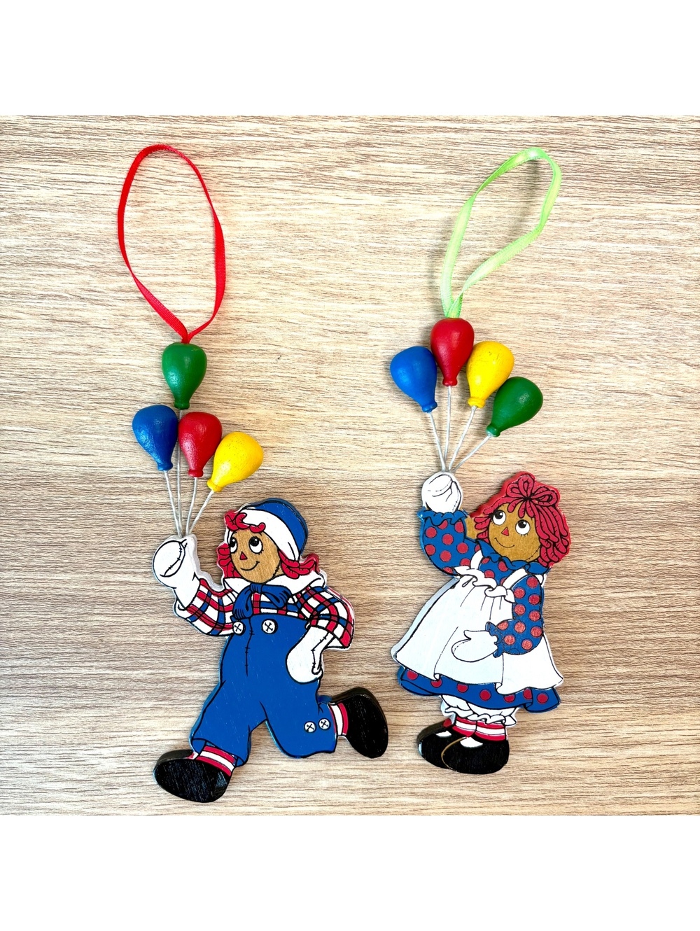 1991 Raggedy Ann & Andy Wooden Christmas Ornaments Kurt Adler Pair Balloons